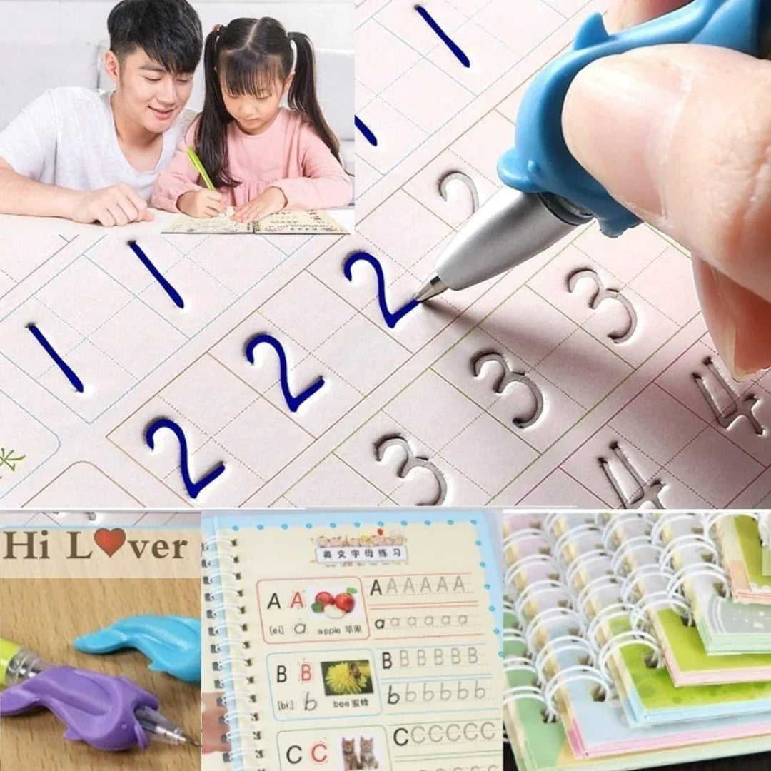 Calligraphy Copybook Set (4 BOOK +1 PEN + 10 Refills) – Alphabet, Numbers, Math & Drawing