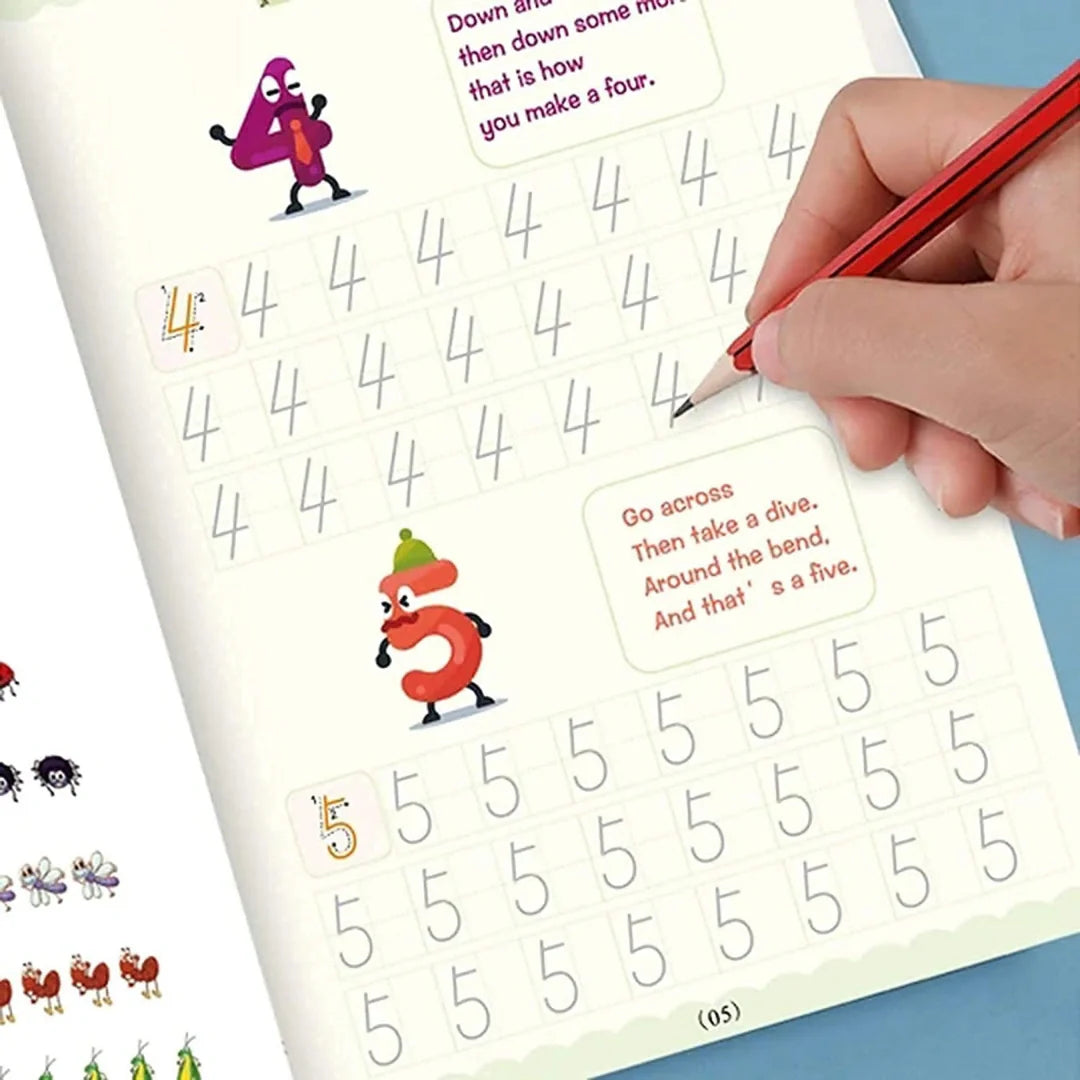 Calligraphy Copybook Set (4 BOOK +1 PEN + 10 Refills) – Alphabet, Numbers, Math & Drawing
