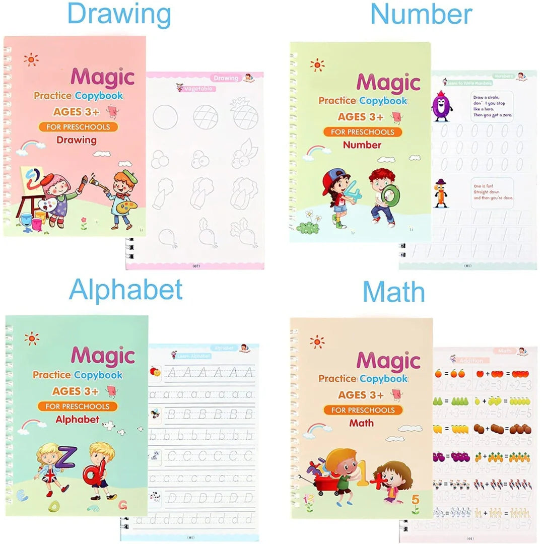 Calligraphy Copybook Set (4 BOOK +1 PEN + 10 Refills) – Alphabet, Numbers, Math & Drawing