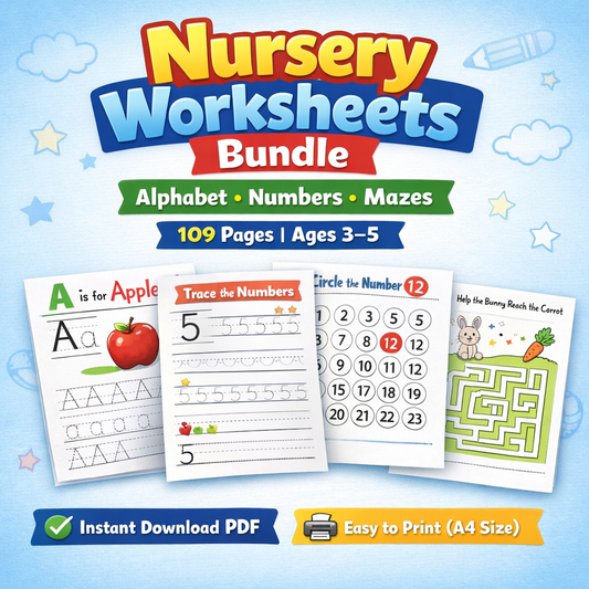 Nursery Worksheets Bundle (Alphabet, Numbers + Mazes) | Ages 3–5
